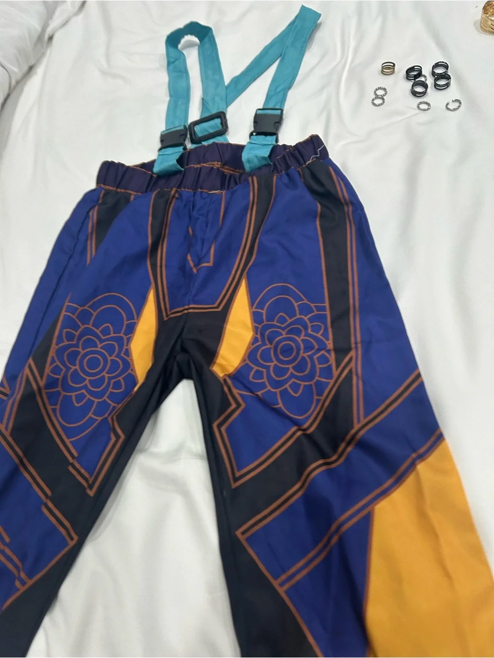 Amazon Kids Blue and Gold Patterned Costume Pants with Teal Suspenders